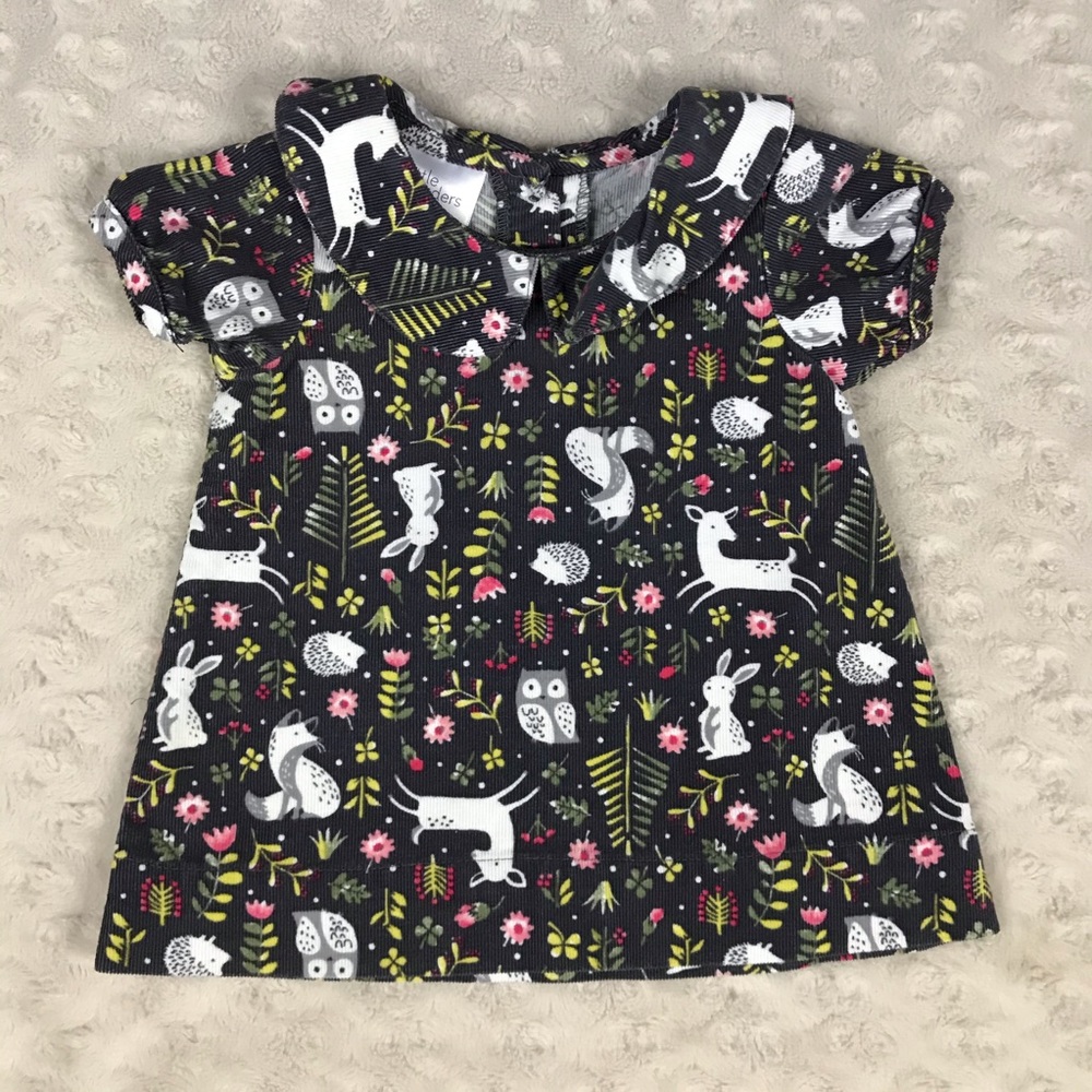Little Wonders Whimsical Print Dress Size 0-3 Months Deer Owl Fox Floral Bunny